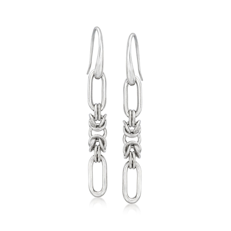 Sterling silver drop earrings with linked oval Byzantine-style chain and hooked earwire