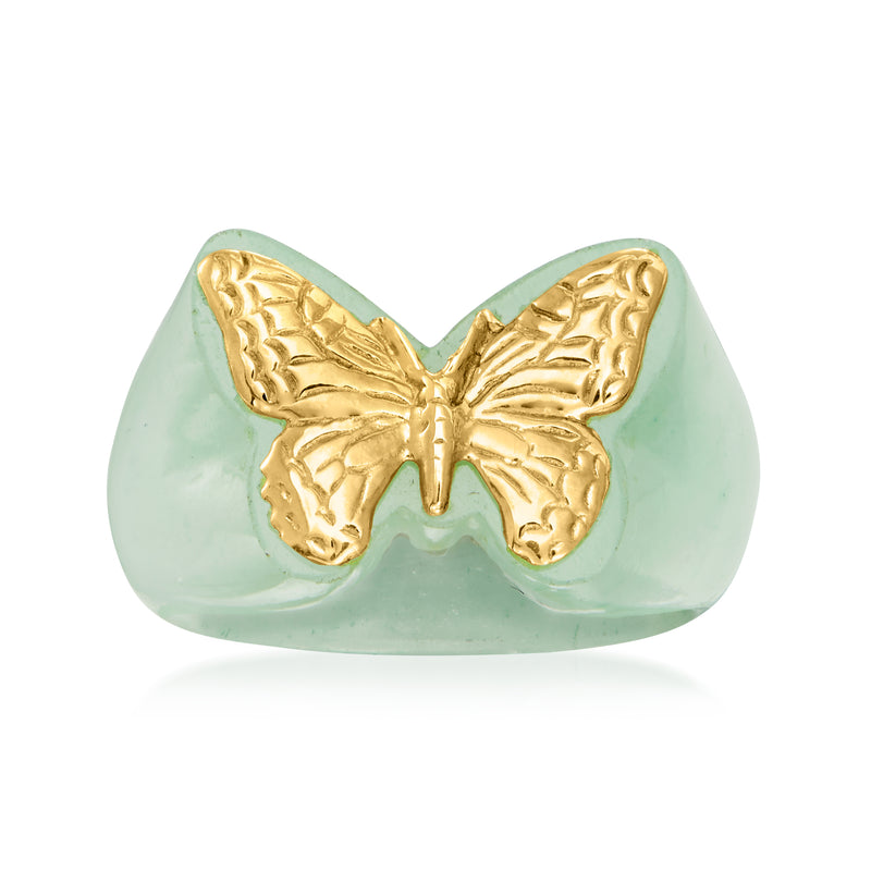Jade butterfly ring in 14kt yellow gold with mint-green oval gemstone top