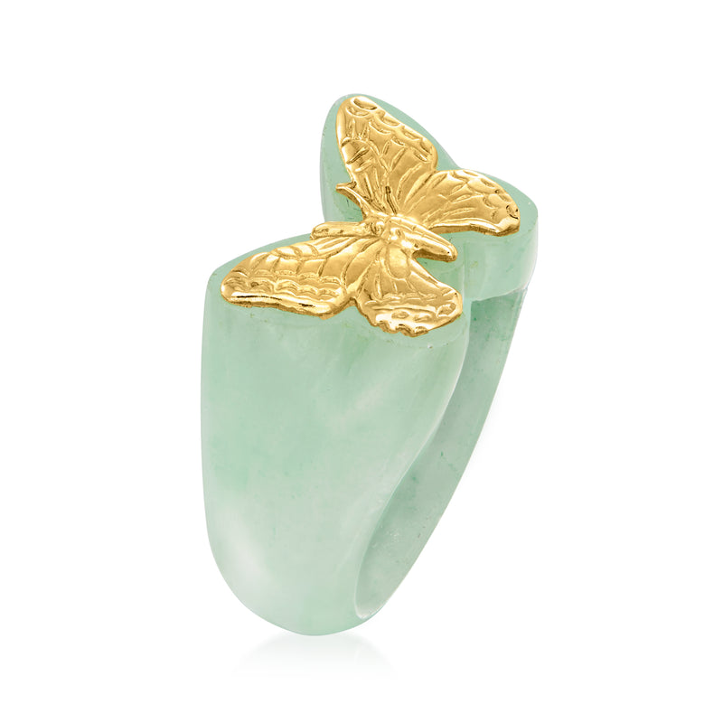 Jade butterfly ring in 14kt yellow gold with raised butterfly on mint-green band