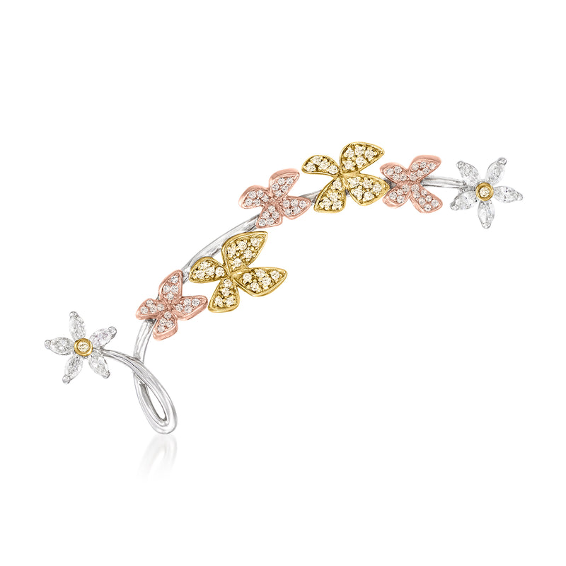 Multicolored diamond butterfly pin in tri-colored gold, butterfly and floral design