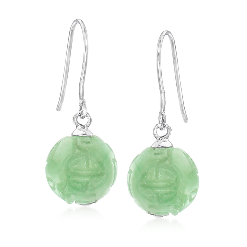 Sterling silver earwire drop earrings with green jade round bead dangle