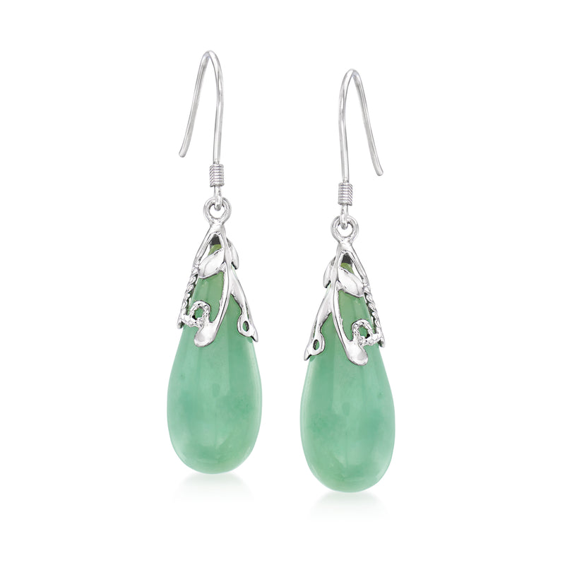 Sterling silver jade teardrop drop earrings with earwires, green teardrop stones