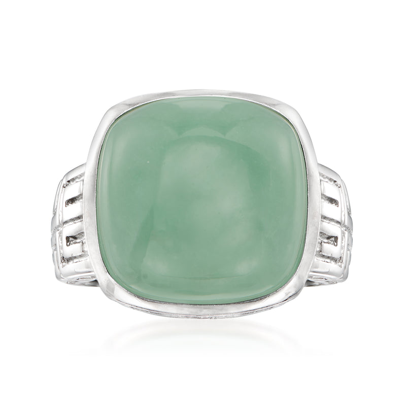 Sterling silver ring with square green jade cabochon and Greek key shoulders