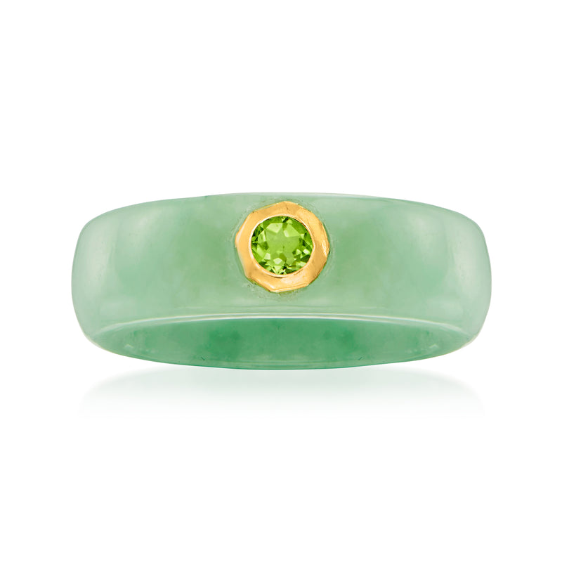 Jade ring with round peridot in 14kt yellow gold bezel