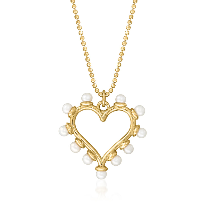 18kt gold heart pendant necklace with cultured pearl accents, openwork style