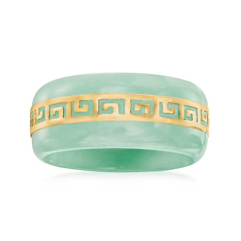 Jade green oval ring with 14kt yellow gold Greek key band