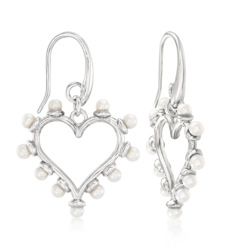 Sterling silver heart drop earrings with small cultured pearls on openwork design