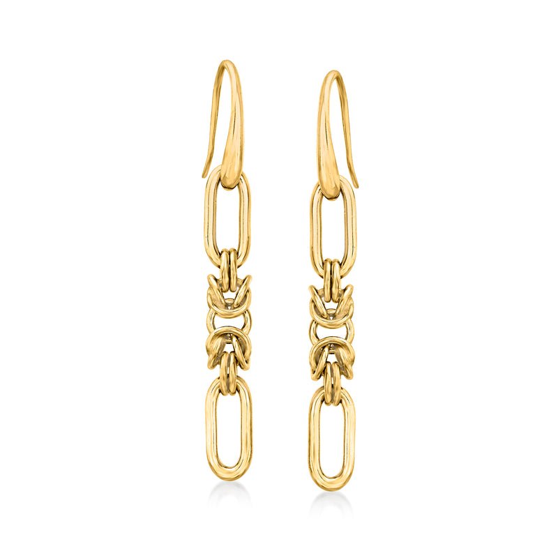 Gold drop hoop earrings with linked Byzantine chain and earwire hooks