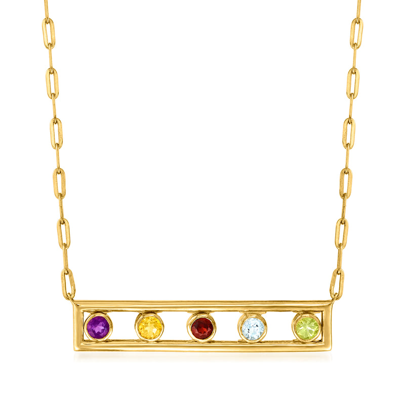 Gold paper-clip link necklace with rectangular bar pendant set with multicolor gemstones