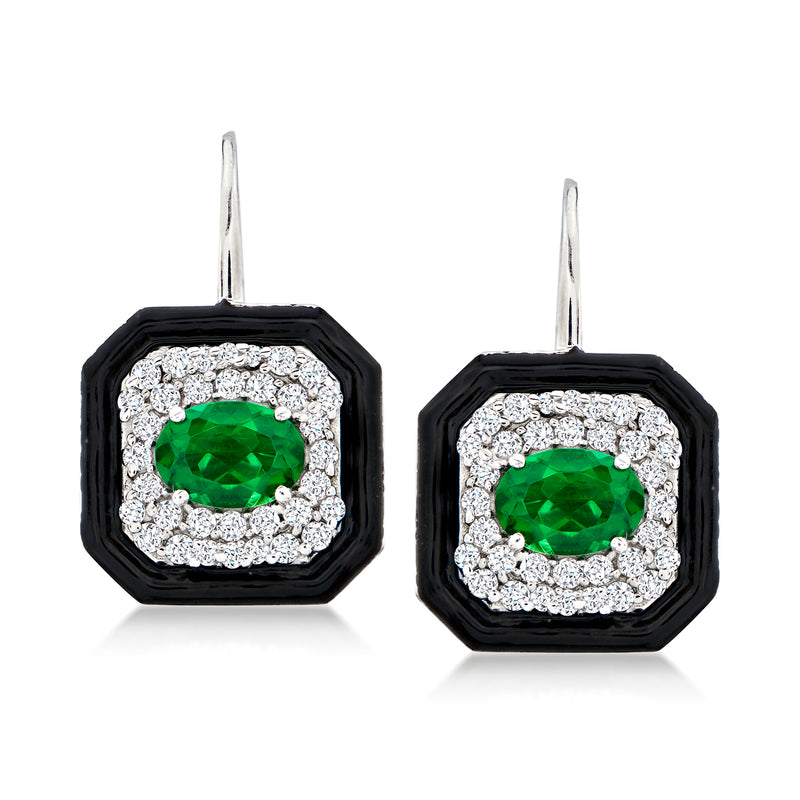 Sterling silver leverback drop earrings, black enamel with green stone and CZ halo
