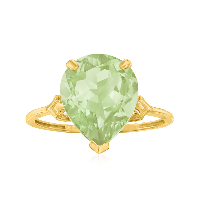 14kt yellow gold prasiolite ring with large oval green gemstone, four corner prongs