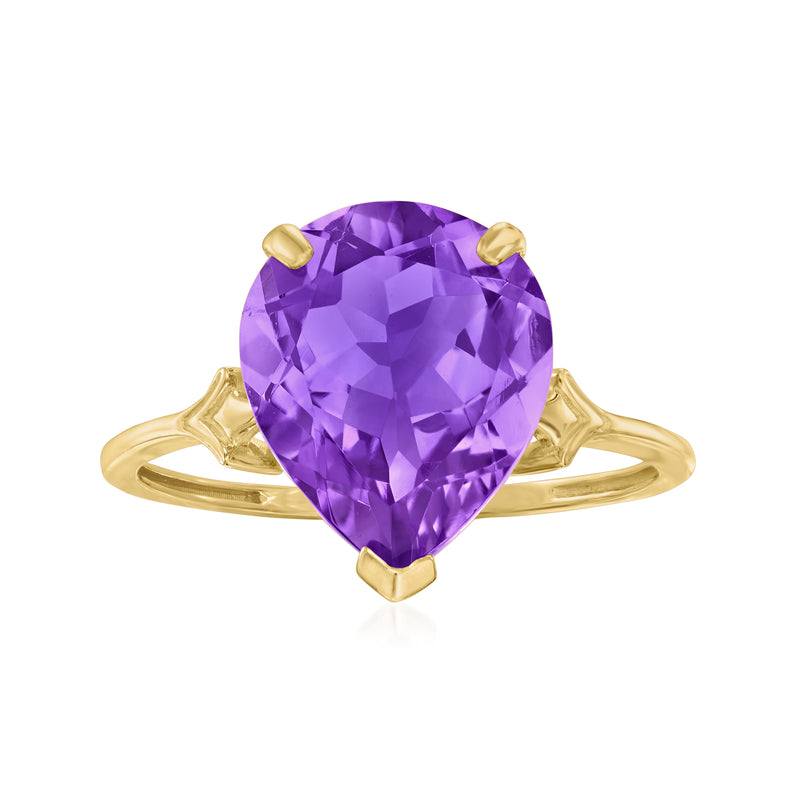 14kt yellow gold amethyst pear-shaped ring with four-prong setting