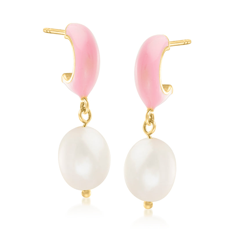 Pink enamel and white pearl drop earrings with gold hooks and dangling pearls