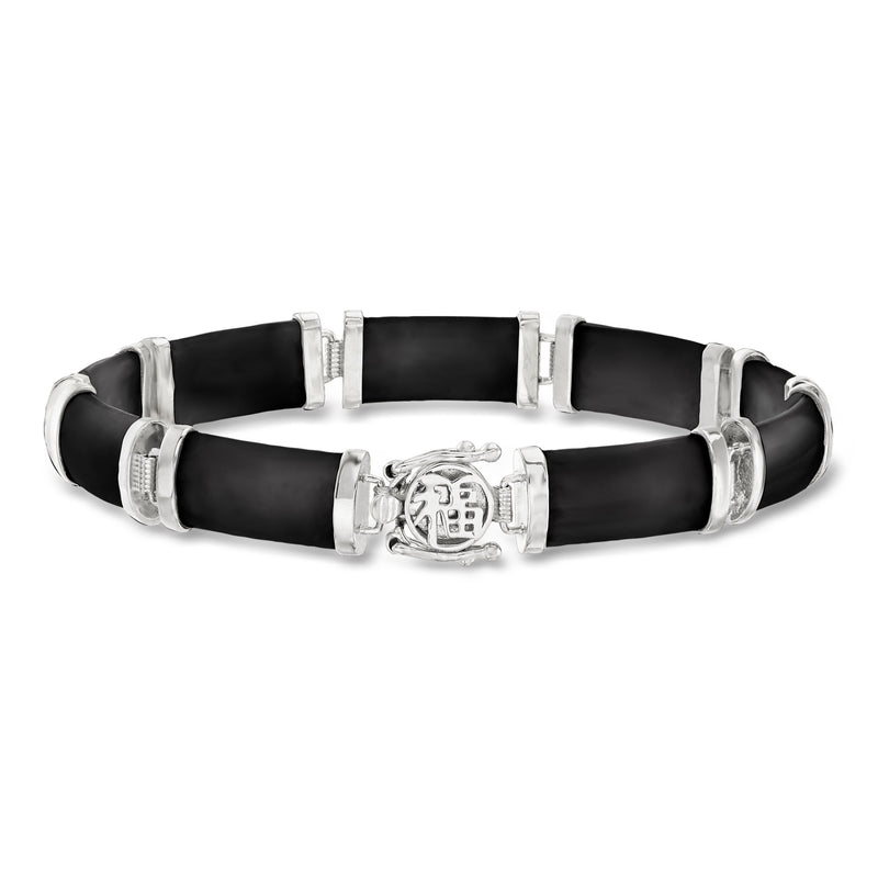 Sterling silver and black agate bracelet with round charm centerpiece and hinged links