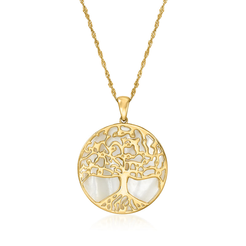 Gold over sterling tree of life pendant necklace with round mother-of-pearl inlay