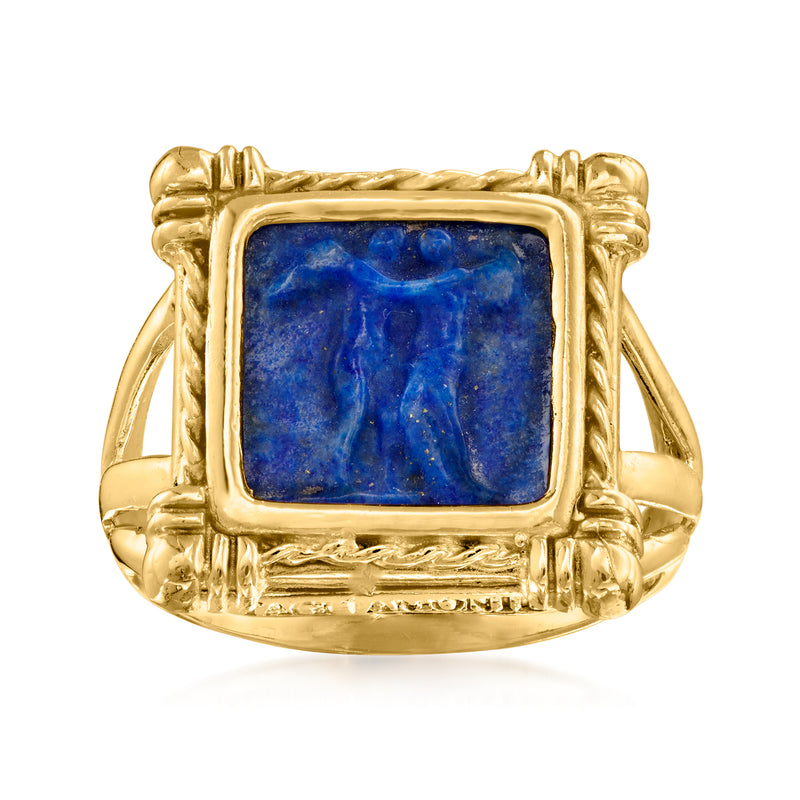 18kt gold over sterling ring with blue lapis-style rectangular cameo and ornate bezel