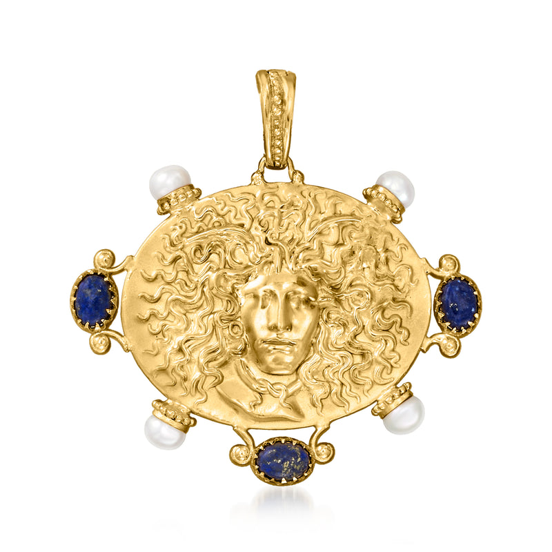 Gold-tone medallion pendant with carved face cameo, blue lapis stones, and white pearls