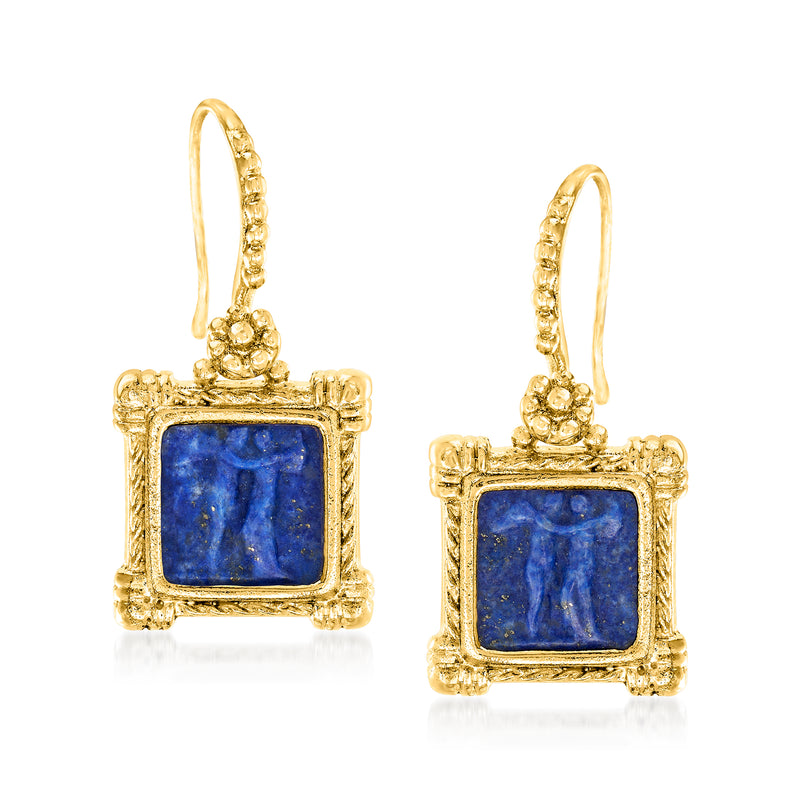 18kt gold-over-sterling drop earrings with square blue stone cameo