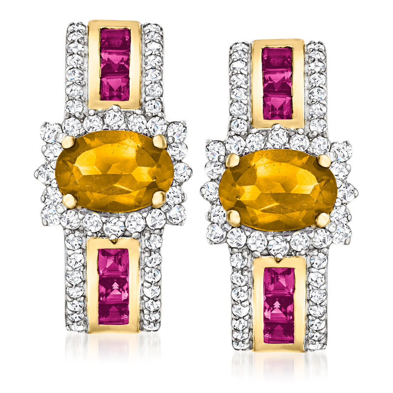 Gold over sterling drop earrings with oval yellow citrine, pink ruby accents, clear zircon halos