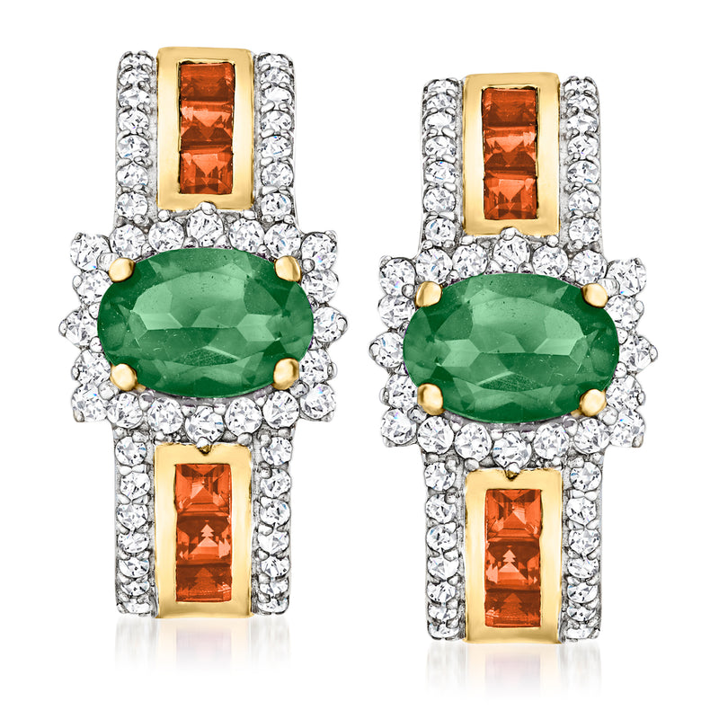 Gold-toned drop earrings with green oval center stone, orange accents, and white gems