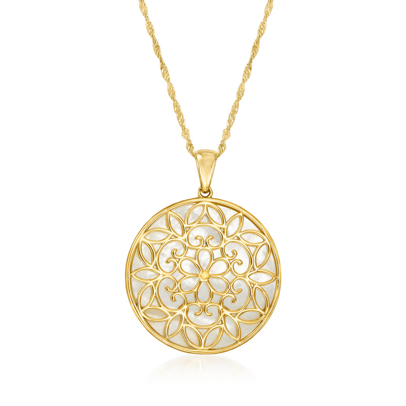 Gold floral round pendant necklace with filigree design and mother-of-pearl center