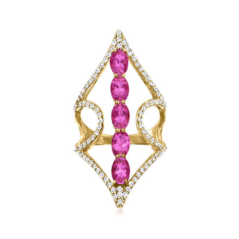 Open-space 18kt gold over sterling ring with three oval pink tourmalines and white zircon accents
