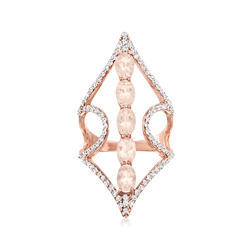 Rose gold open-space ring with peach oval stones and white zircon pave borders