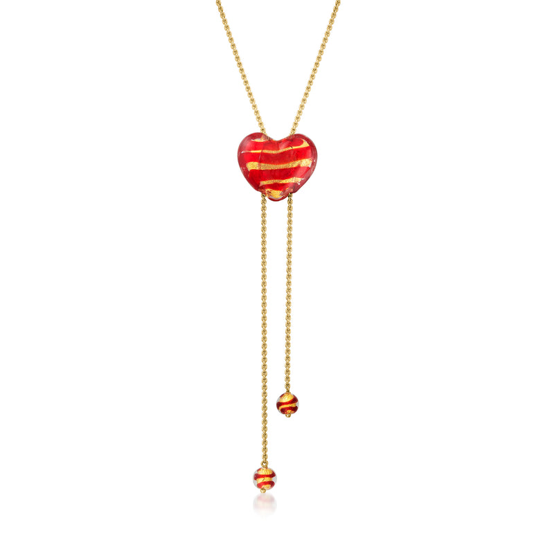 Red glass heart bolo necklace with gold over sterling chain and dangling bead ends