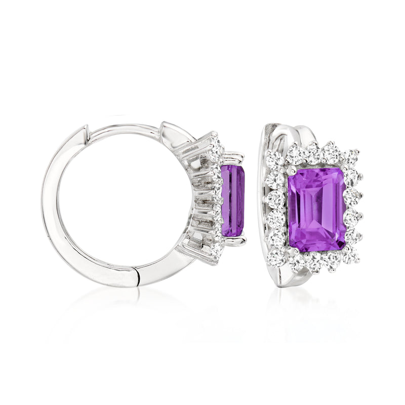 Sterling silver huggie hoop earrings with purple amethyst square stones and white crystal halo