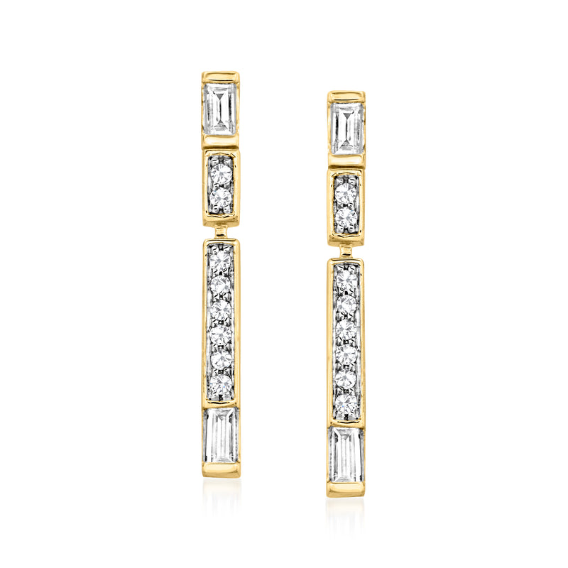 14kt yellow gold diamond bar drop earrings with three rectangular stone rows