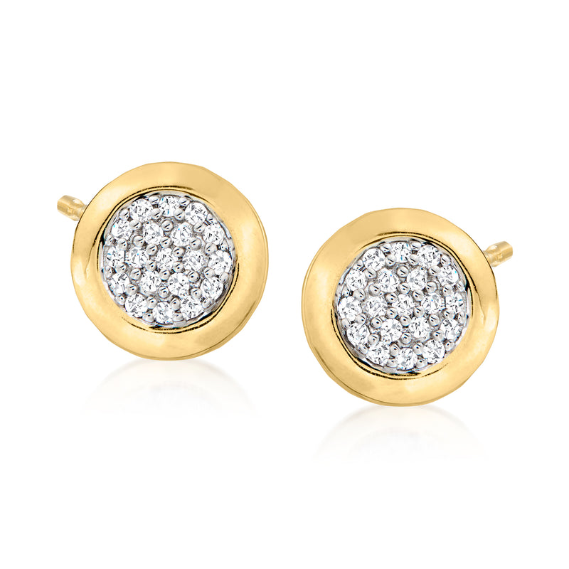 14kt gold diamond cluster stud earrings with round bezel and clustered clear stones