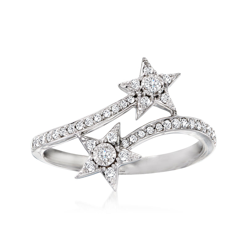 Diamond star bypass ring in 14kt white gold with pavé-set star accents