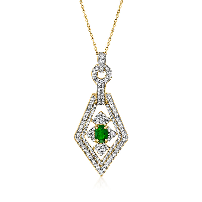 18kt gold over sterling pendant necklace with teardrop halo, green center and white stones