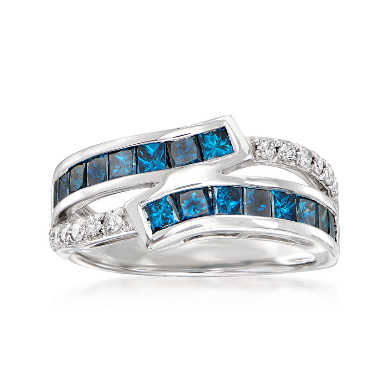 14kt white gold diamond bypass ring with blue rectangular and white round stones