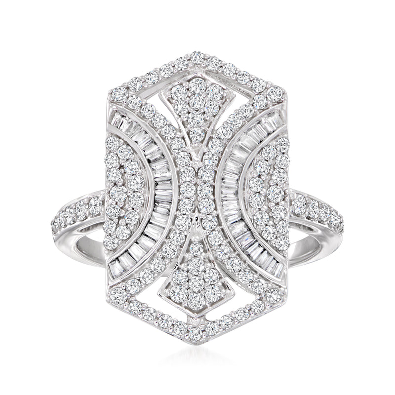 Diamond cluster ring in 14kt white gold with geometric pavé and baguette accents