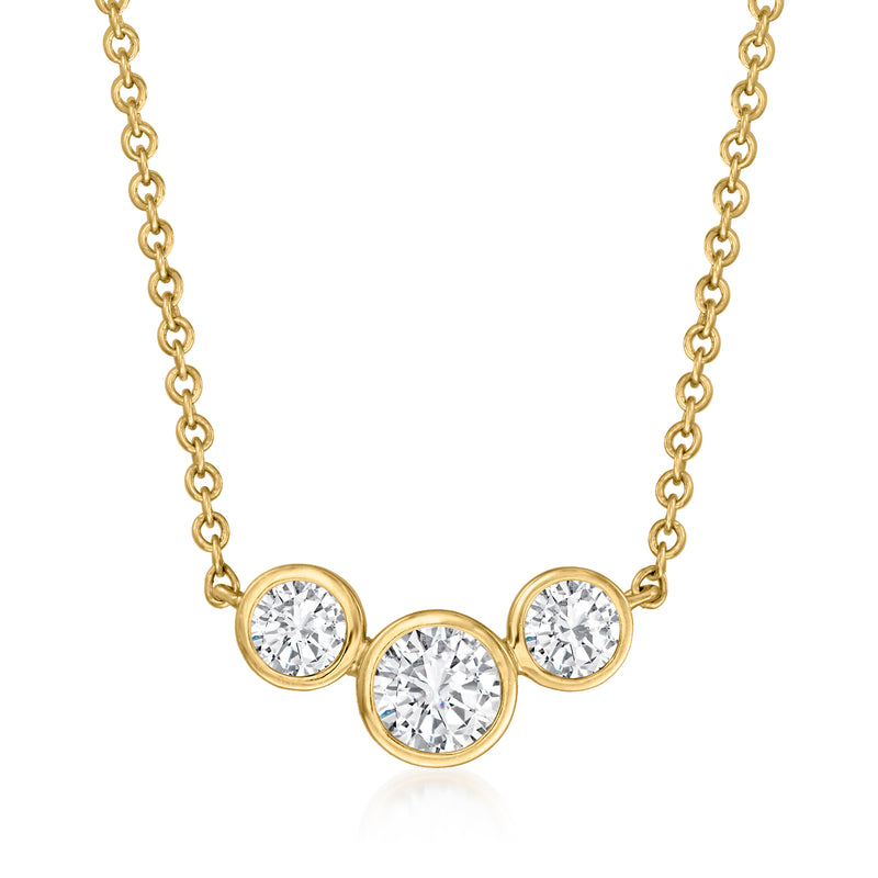 14kt yellow gold three-stone bezel-set diamond necklace with three round stones