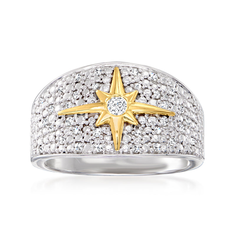 Two-tone sterling silver diamond star ring with small round center stone detail