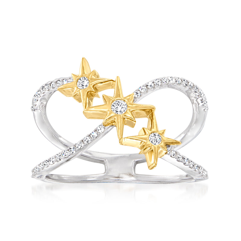 Two-tone sterling silver diamond star open-space ring, four stars with small round stones