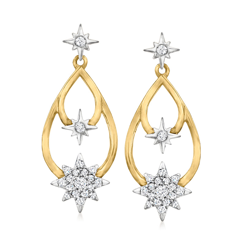 Two-tone sterling silver diamond star drop earrings with open teardrop dangle