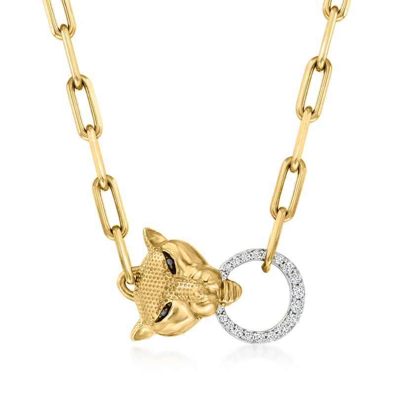 18kt gold over sterling necklace with gold panther pendant and round diamond halo