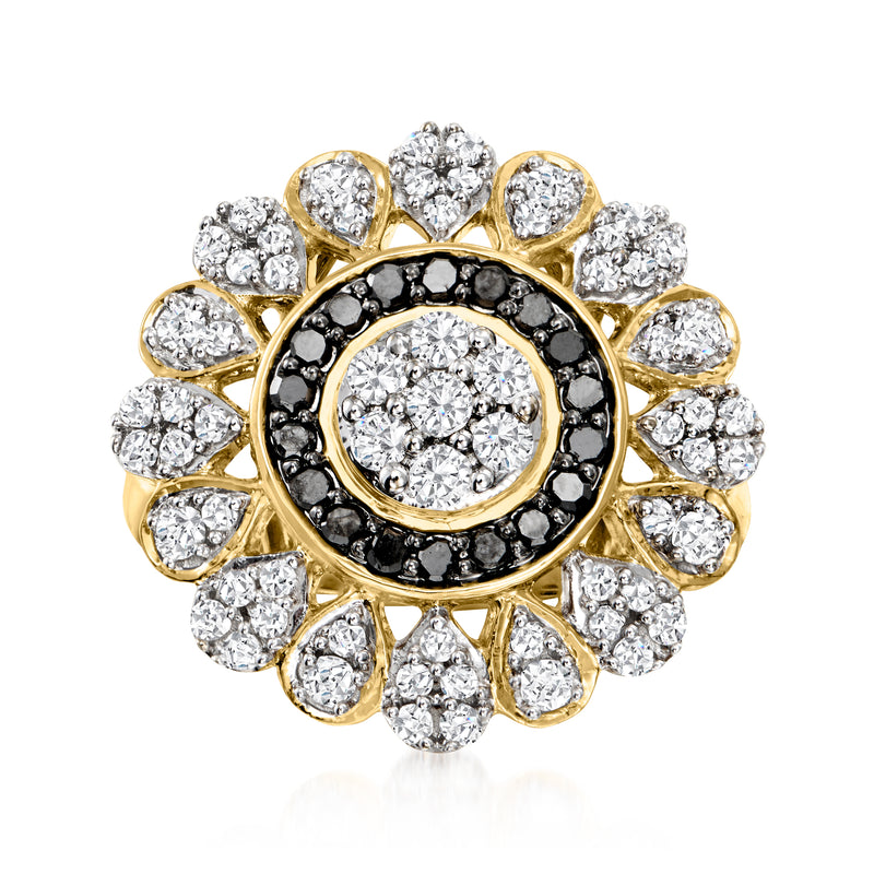 Gold over sterling diamond flower cluster ring with white stones and black halo center