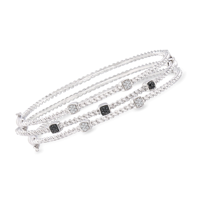 Sterling silver roped bangle bracelet set with black and white diamond accents