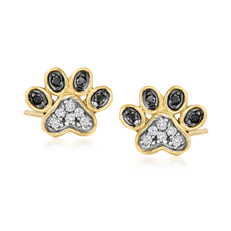 Paw print diamond stud earrings, 18kt gold over sterling with black and white stones