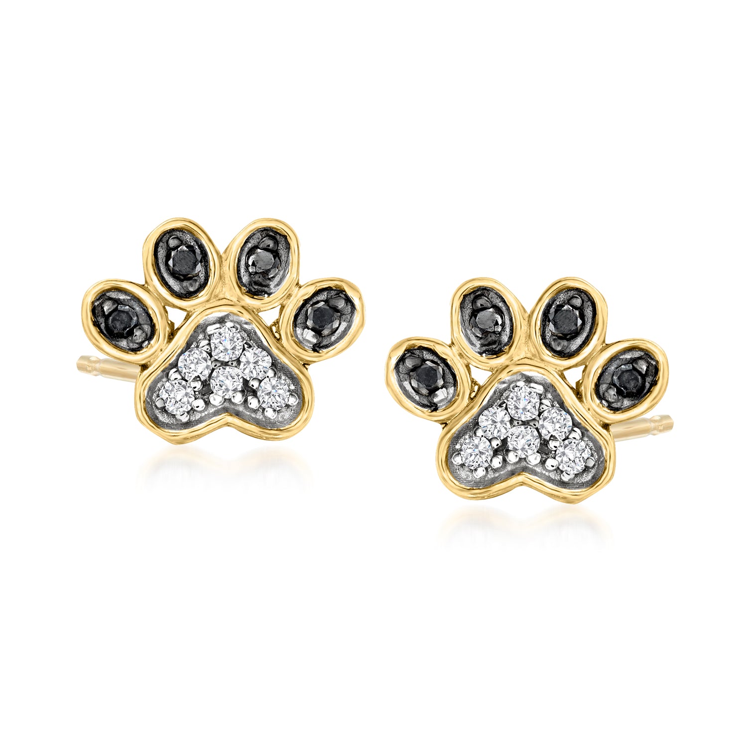 .15 ct. t.w. Black and White Diamond Paw Print Stud Earrings in 18kt Gold Over Sterling
