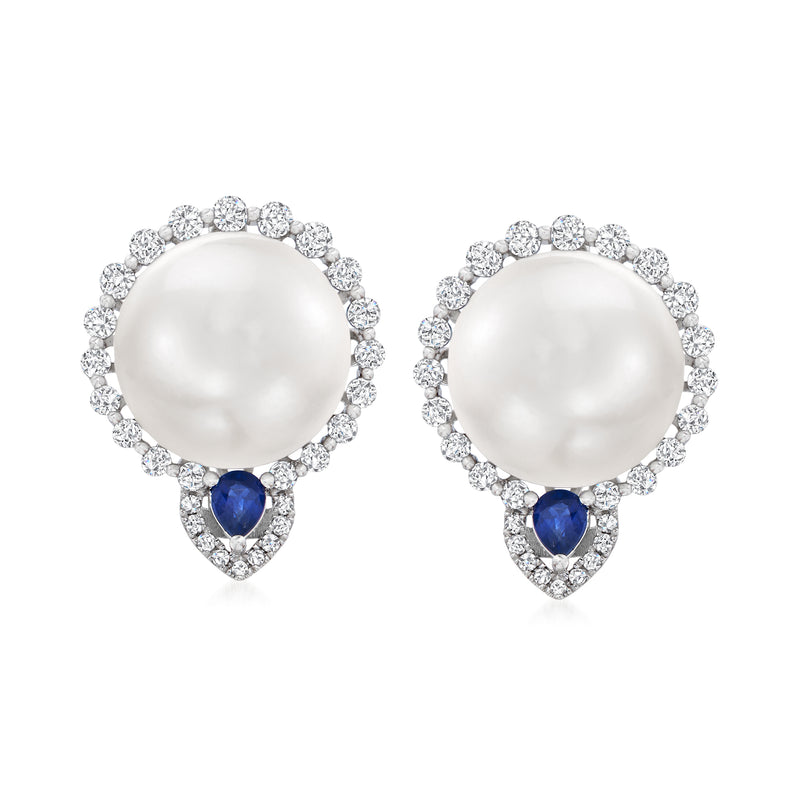 White gold pearl earrings with diamond halo and blue sapphire teardrop drops
