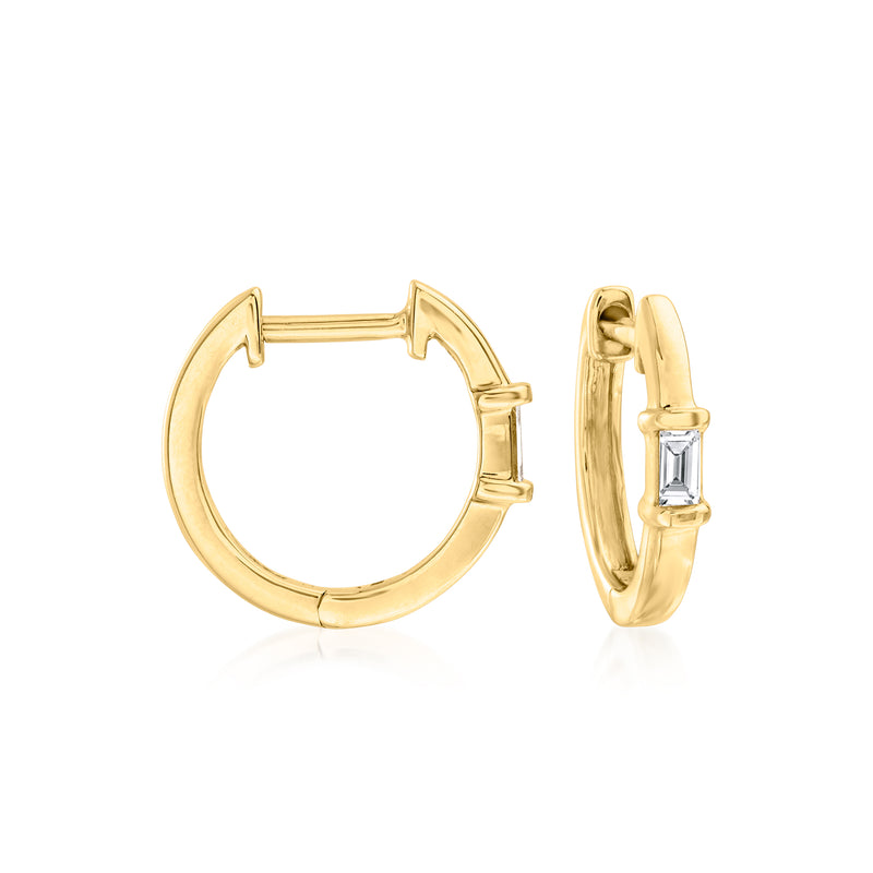 14kt yellow gold huggie hoop earrings with baguette-cut diamonds