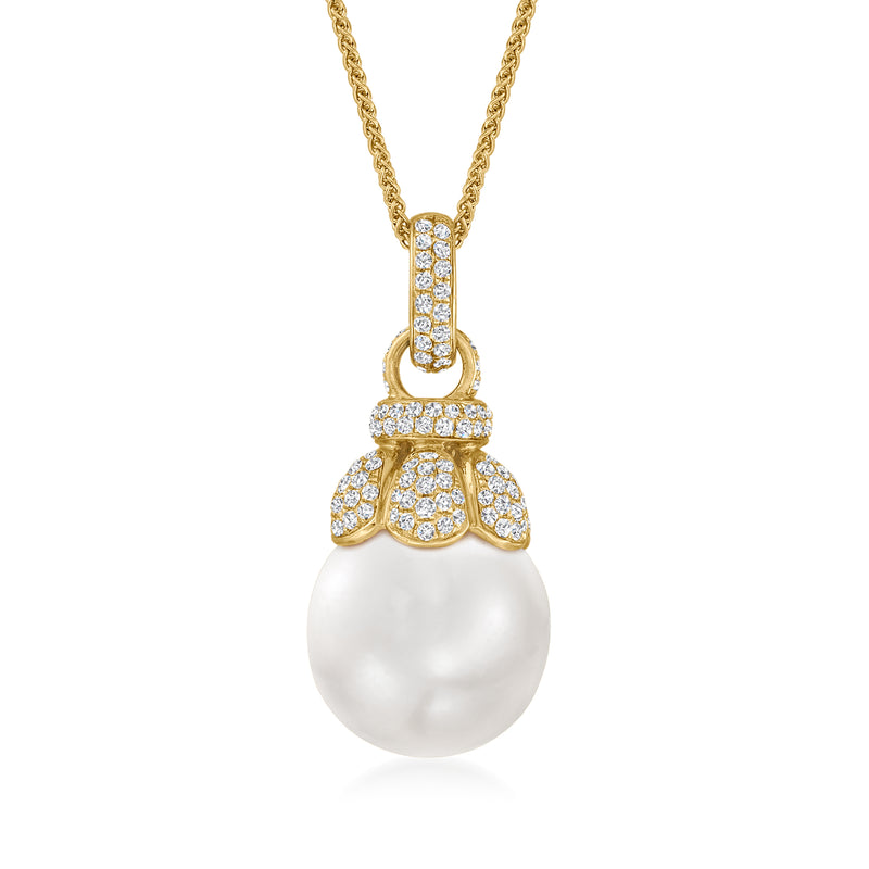 18kt yellow gold pearl pendant necklace with diamond halo and teardrop bail