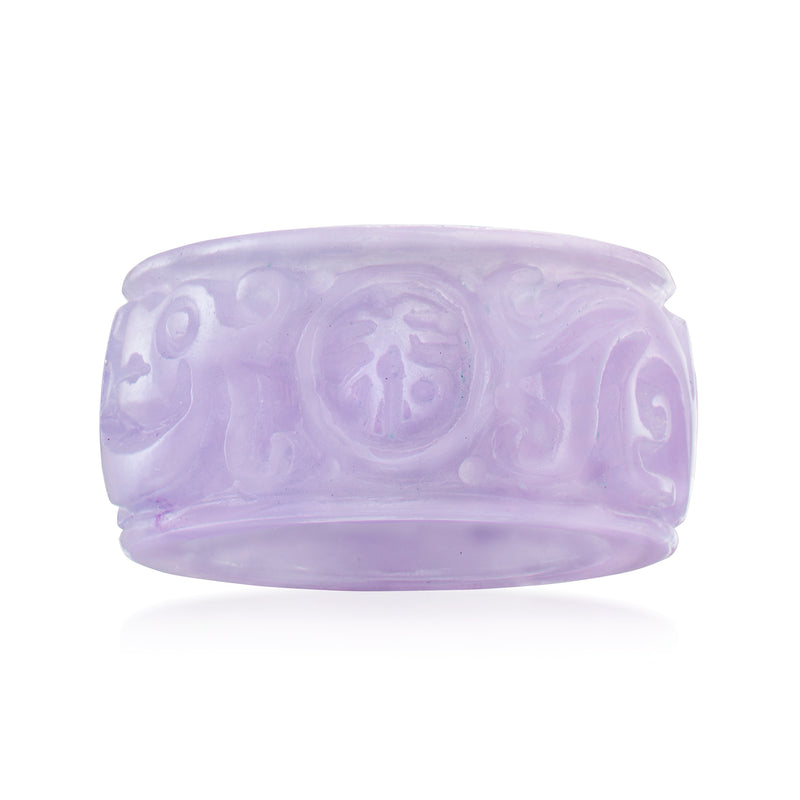 Lavender jade ring with carved fortune symbol and animal figures