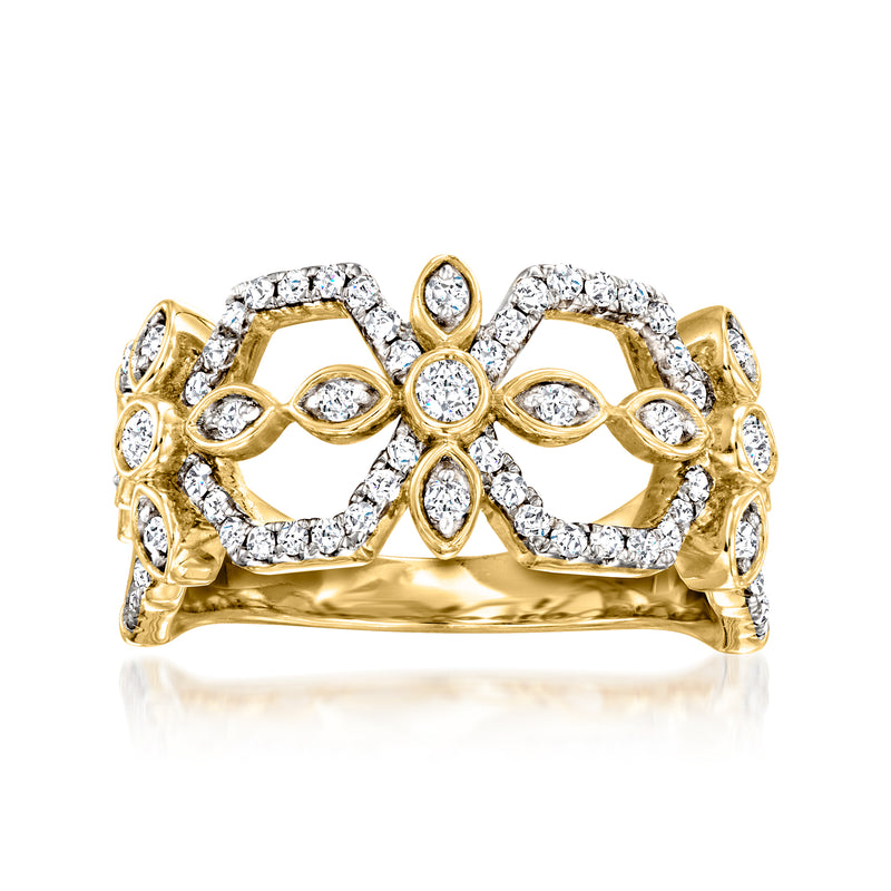 Geometric openwork diamond ring in 14kt yellow gold with round brilliant stones
