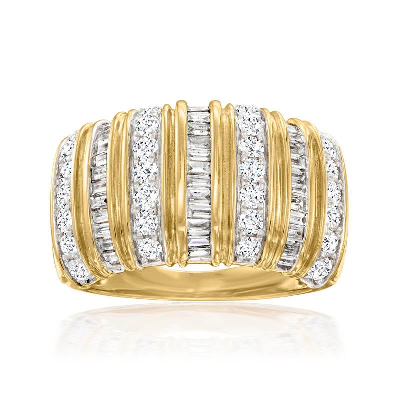 14kt yellow gold ring with baguette and round diamonds in tiered bands